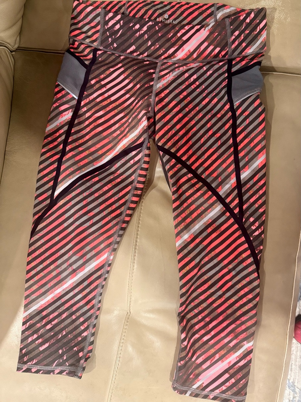 Athleta Pink Coral & Black Striped Capri Leggings with Gray Accents